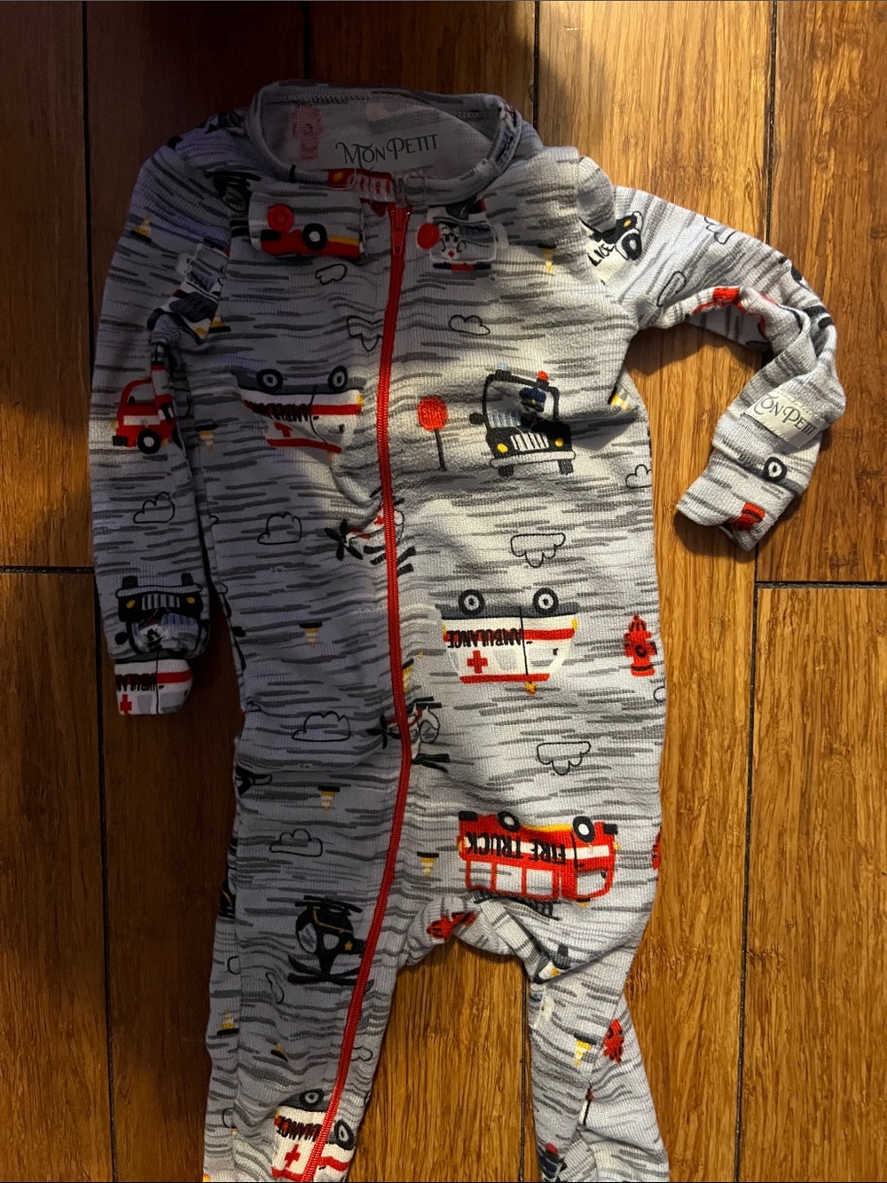Mon Petit Gray Rescue Vehicles Footed One-Piece with Red Trim